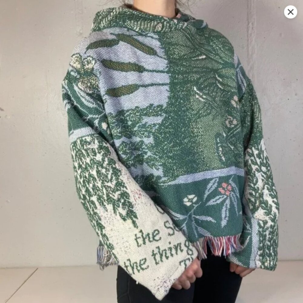 Vintage Rework Green Fringe Cropped Tapestry Blanket Hoodie